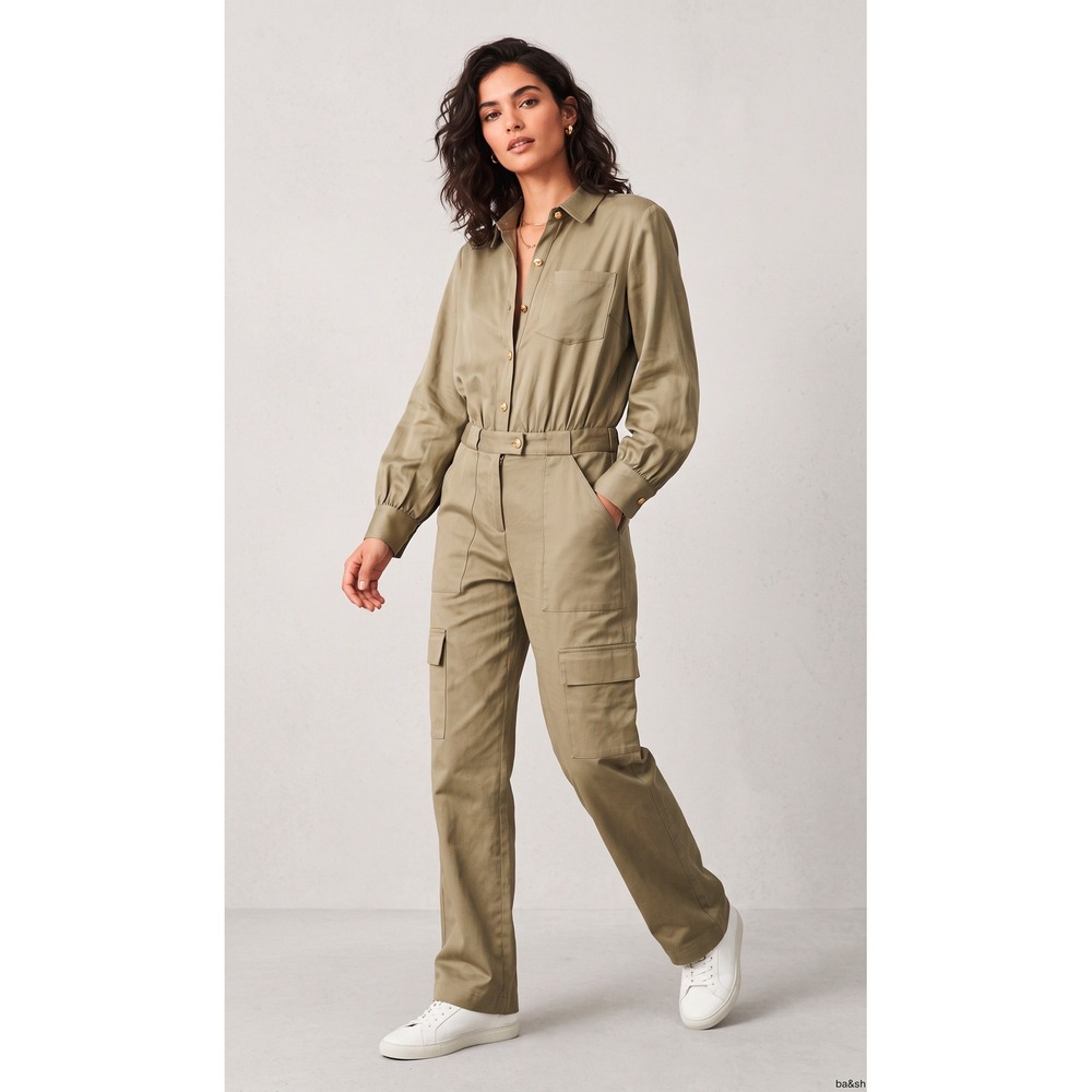 ba&sh Womens Austra Utility Jumpsuit Cargo Cotton Khaki Green 36 New